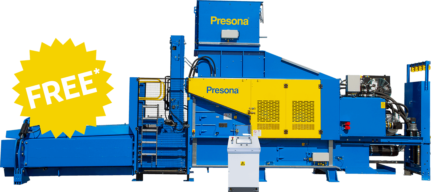 Presona prepress baler with a big Free sign